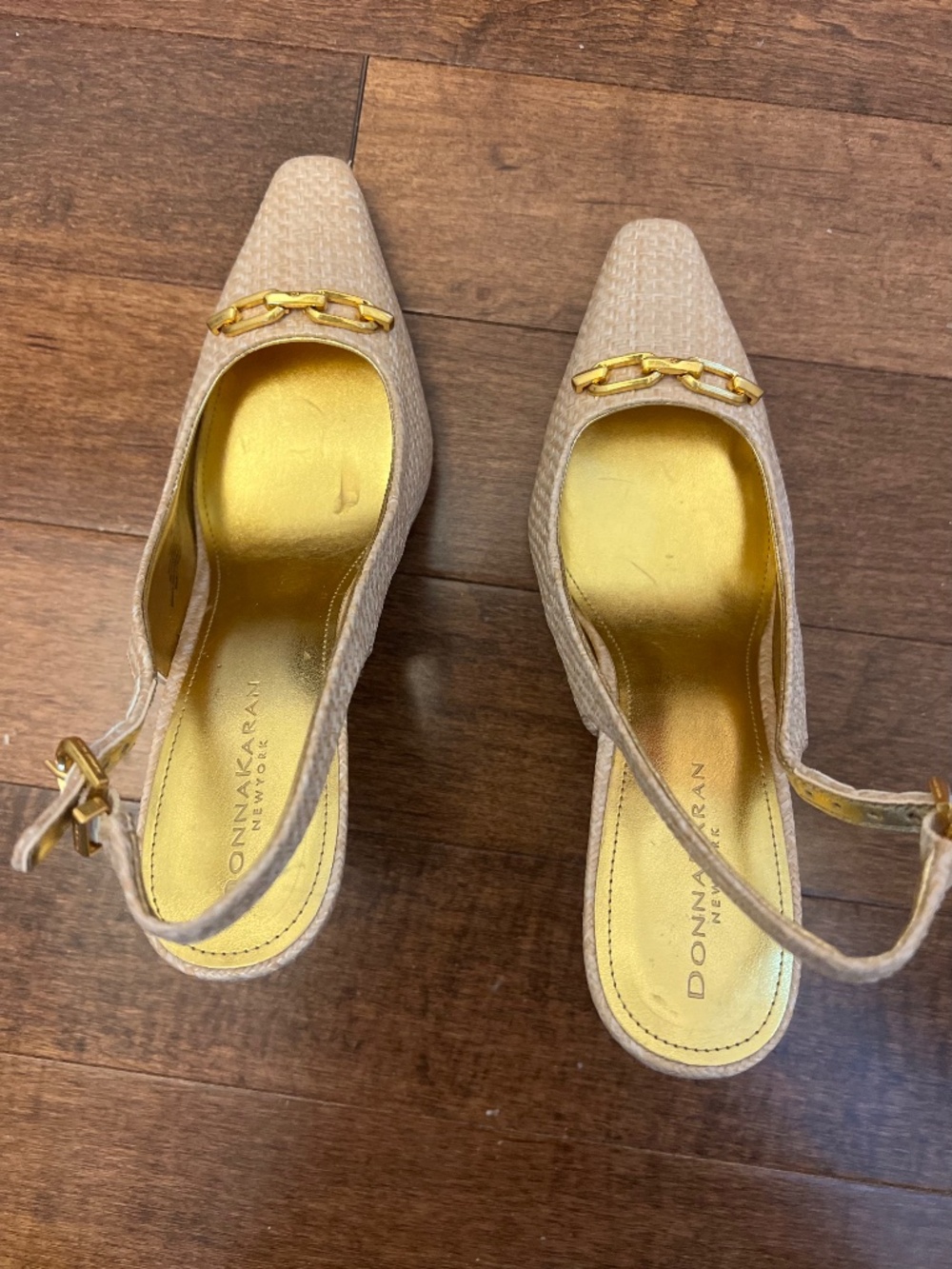 Donna Karan Beige and Gold Slingback Pumps